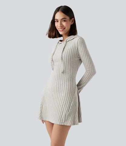 Ribbed Knit Hooded Drawstring Long Sleeve Mini Casual Dress