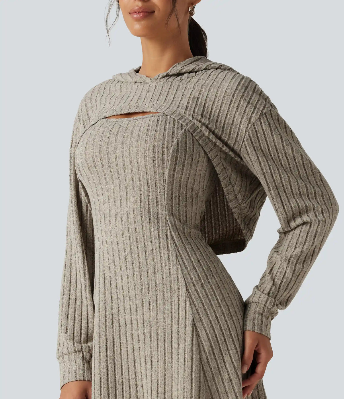 Ribbed Knit Hooded Long Sleeve 2-Piece Mini Casual Dress
