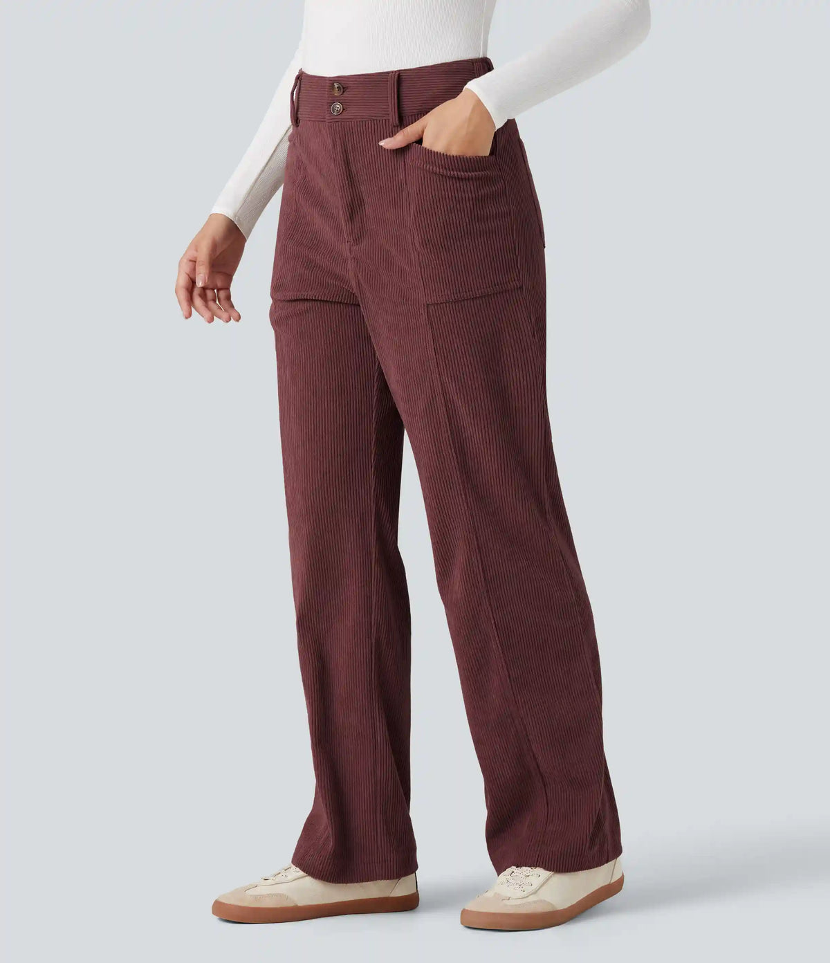 High Waisted Corduroy Casual Straight Leg Pants with Pockets