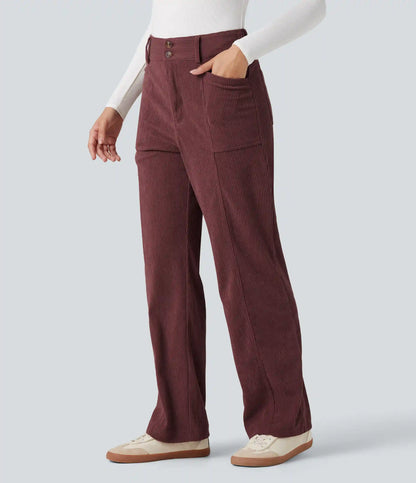 High Waisted Corduroy Casual Straight Leg Pants with Pockets