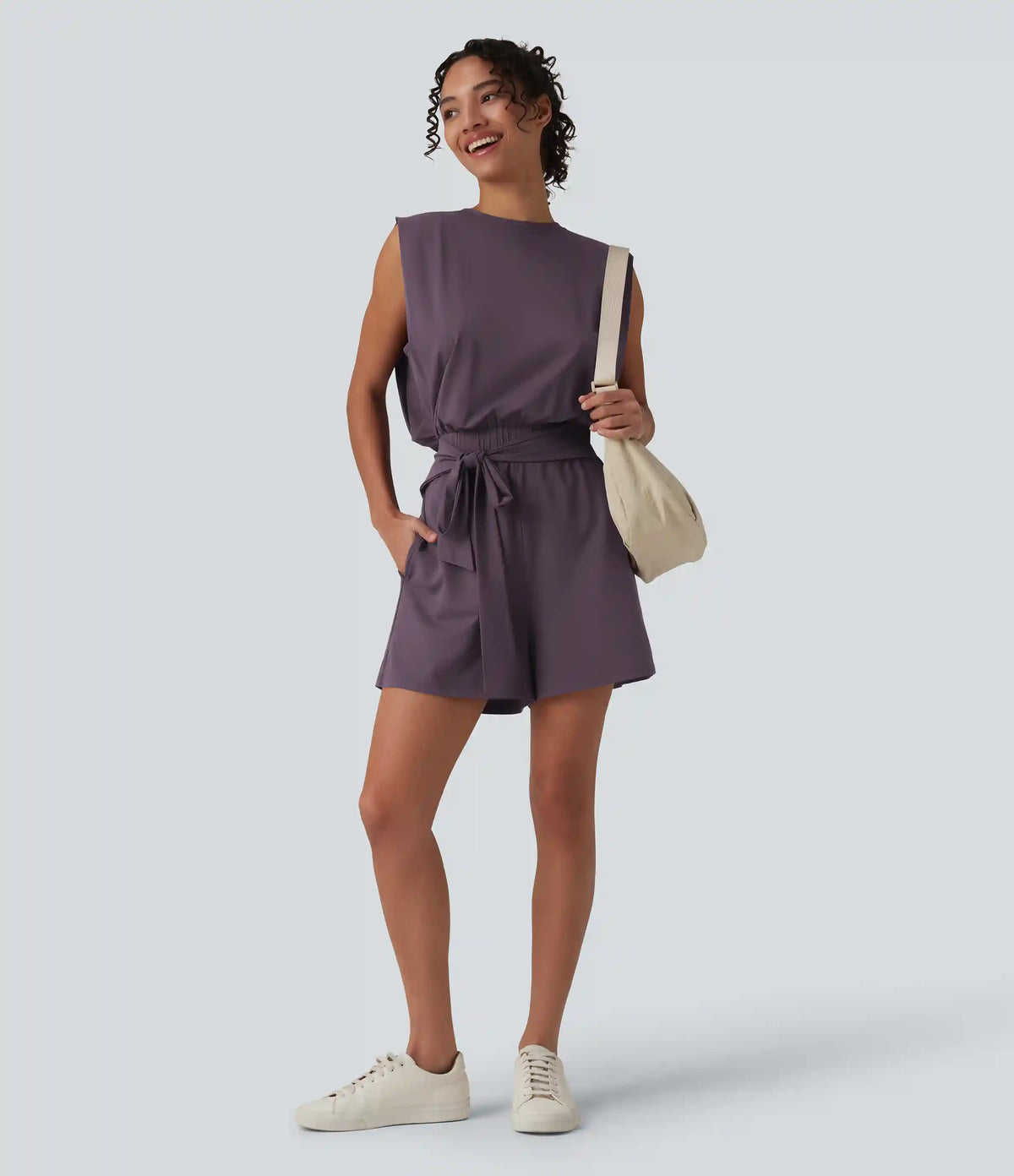 Round Neck Sleeveless Tie-front Cool Touch Casual Romper with Pockets-Easy Peezy-UPF50+