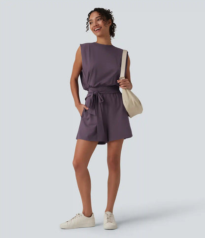 Round Neck Sleeveless Tie-front Cool Touch Casual Romper with Pockets-Easy Peezy-UPF50+