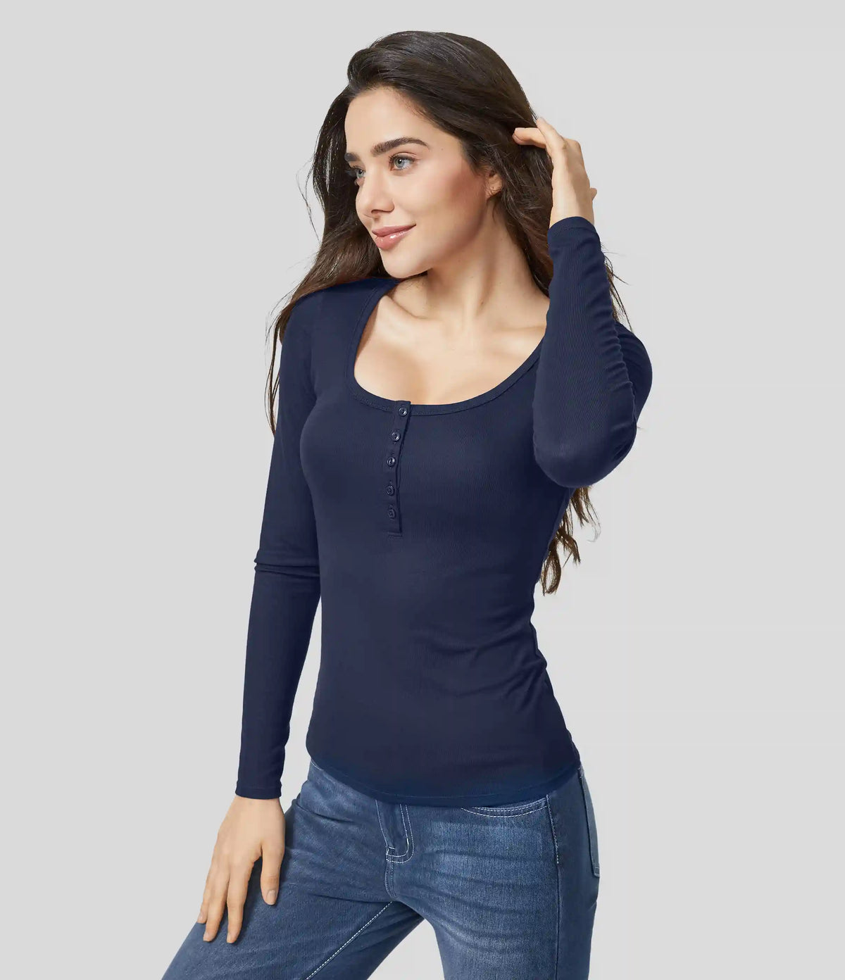 Ribbed Henley Neck Long Sleeve Slim Casual T-Shirt