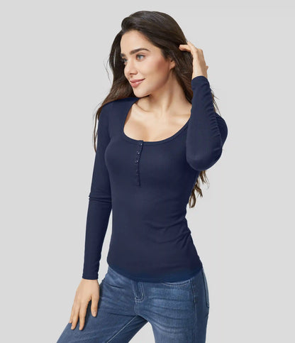 Ribbed Henley Neck Long Sleeve Slim Casual T-Shirt