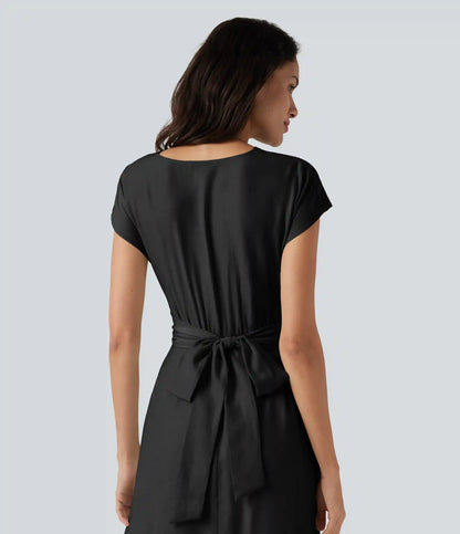 V Neck Short Sleeve Tie Back Midi Casual Linen-Blend Flowy Dress with Pockets
