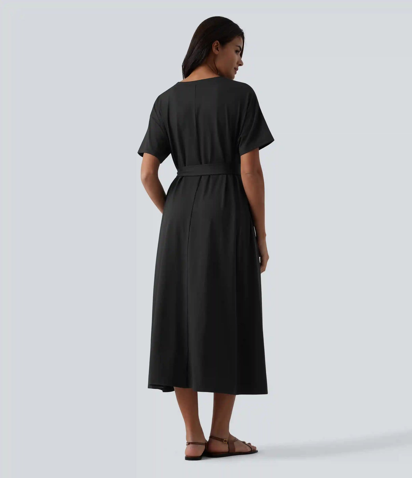 Round Neck Short Sleeve Belted Midi Flowy Casual T-Shirt Dress with Pockets