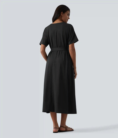 Round Neck Short Sleeve Belted Midi Flowy Casual T-Shirt Dress with Pockets