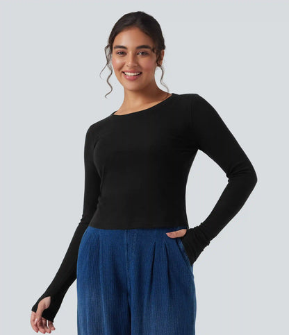 Scoop Neck Long Sleeve Thumb Hole Casual Wool-Blend Top