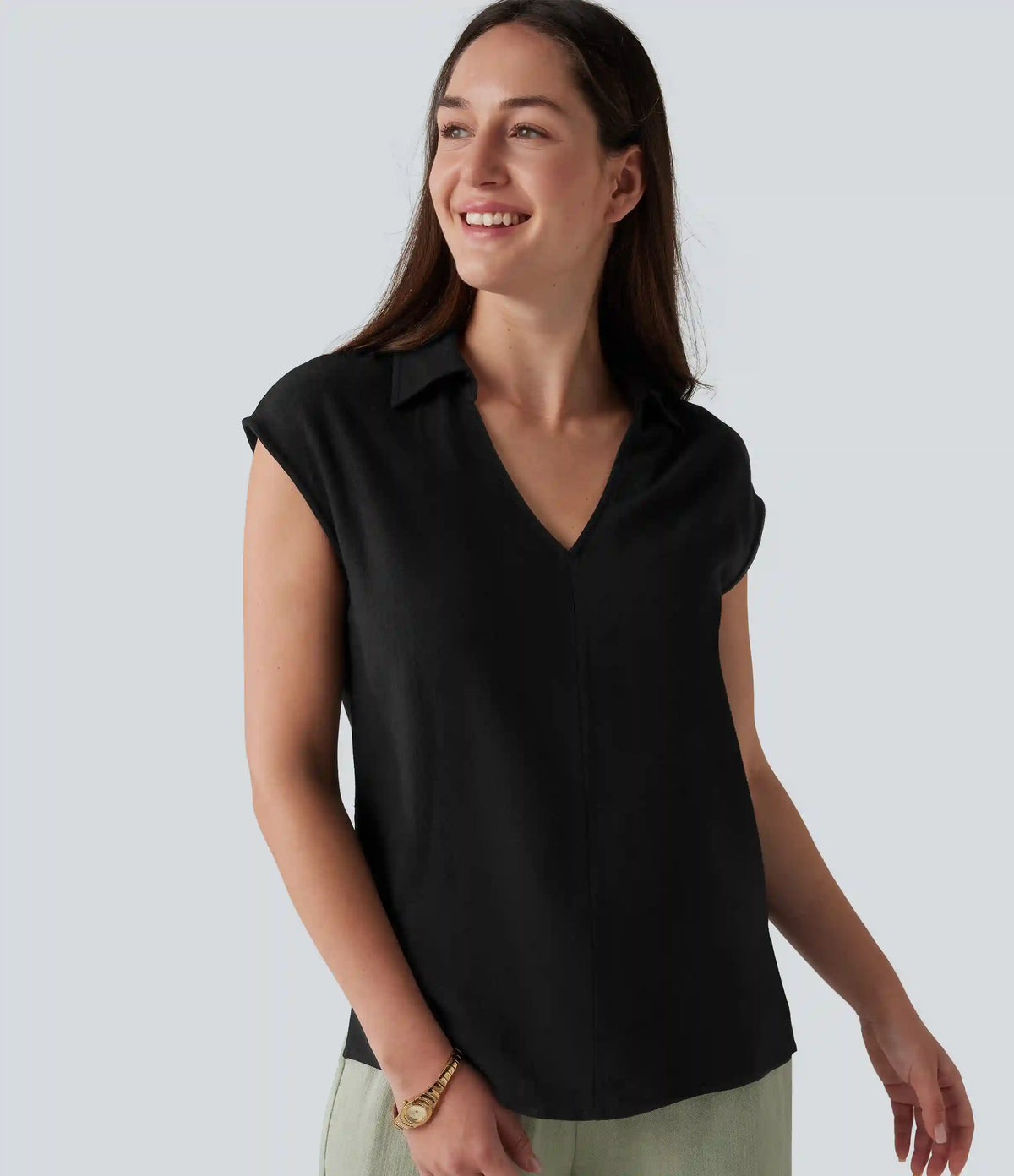 V-neck Sleeveless Split Hem Work Linen-Blend Blouse