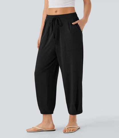 Mid Rise Drawstring Casual Tapered Pants with Pockets
