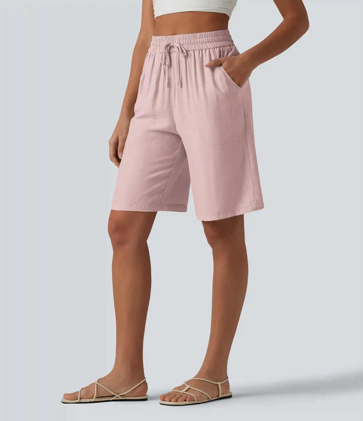 High Waisted Drawstring Casual Linen-Blend Bermuda Shorts 10'' with Pockets