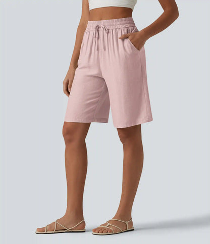 High Waisted Drawstring Casual Linen-Blend Bermuda Shorts 10'' with Pockets