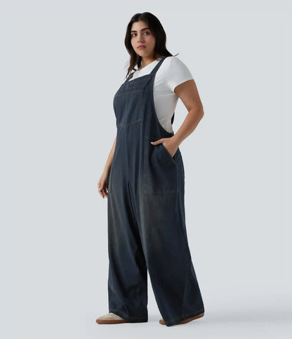 Plus Size Halara Flex™ Square Neck Washed Denim Casual Overalls with Pockets