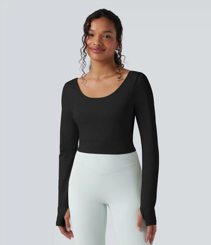Seamless Flow Twisted Backless Scoop Neck Long Sleeve Thumb Holes Cropped Yoga Sports Top