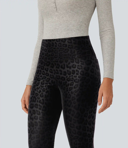 High Waisted Tummy Control Stretchy PU Leopard Print Fleece Casual Leggings with Pockets