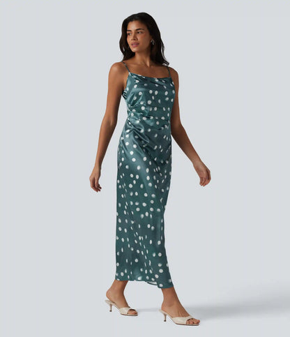 Invisible Zipper Ruched Tie-back Polka Dot Satin Maxi Bridesmaid And Wedding Guest Slip Dress