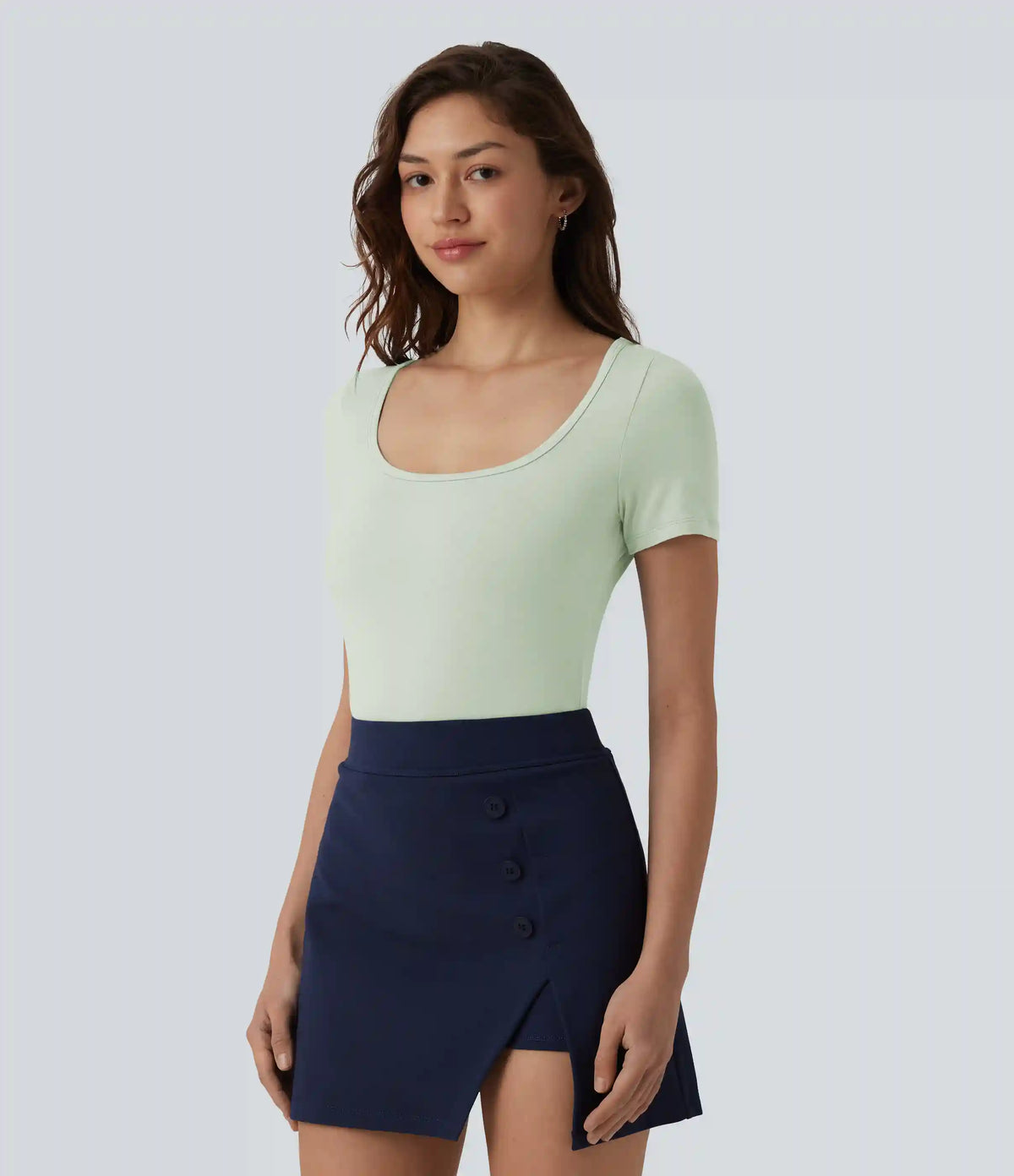 U Neck Short Sleeve Snap Skinny Work Bodysuit