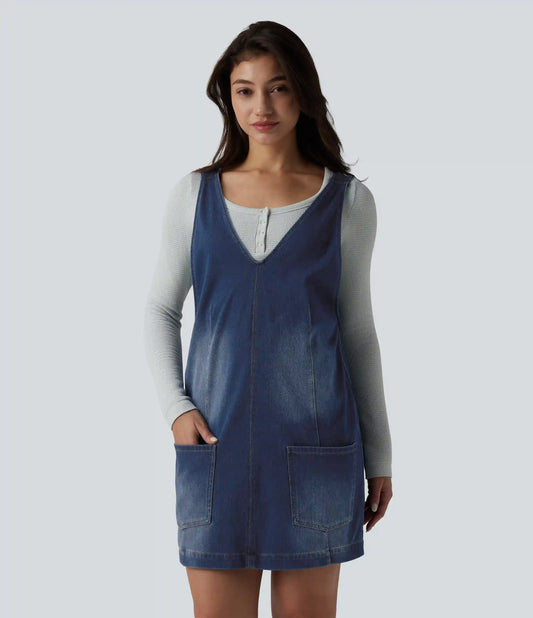 Halara Flex™ V Neck Washed Denim Mini Casual Dress with Pockets