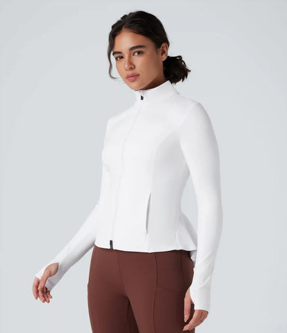 DayStretch Stand Collar Zipper Thumb Hole Ruffle Hem Slim Jacket with Pockets