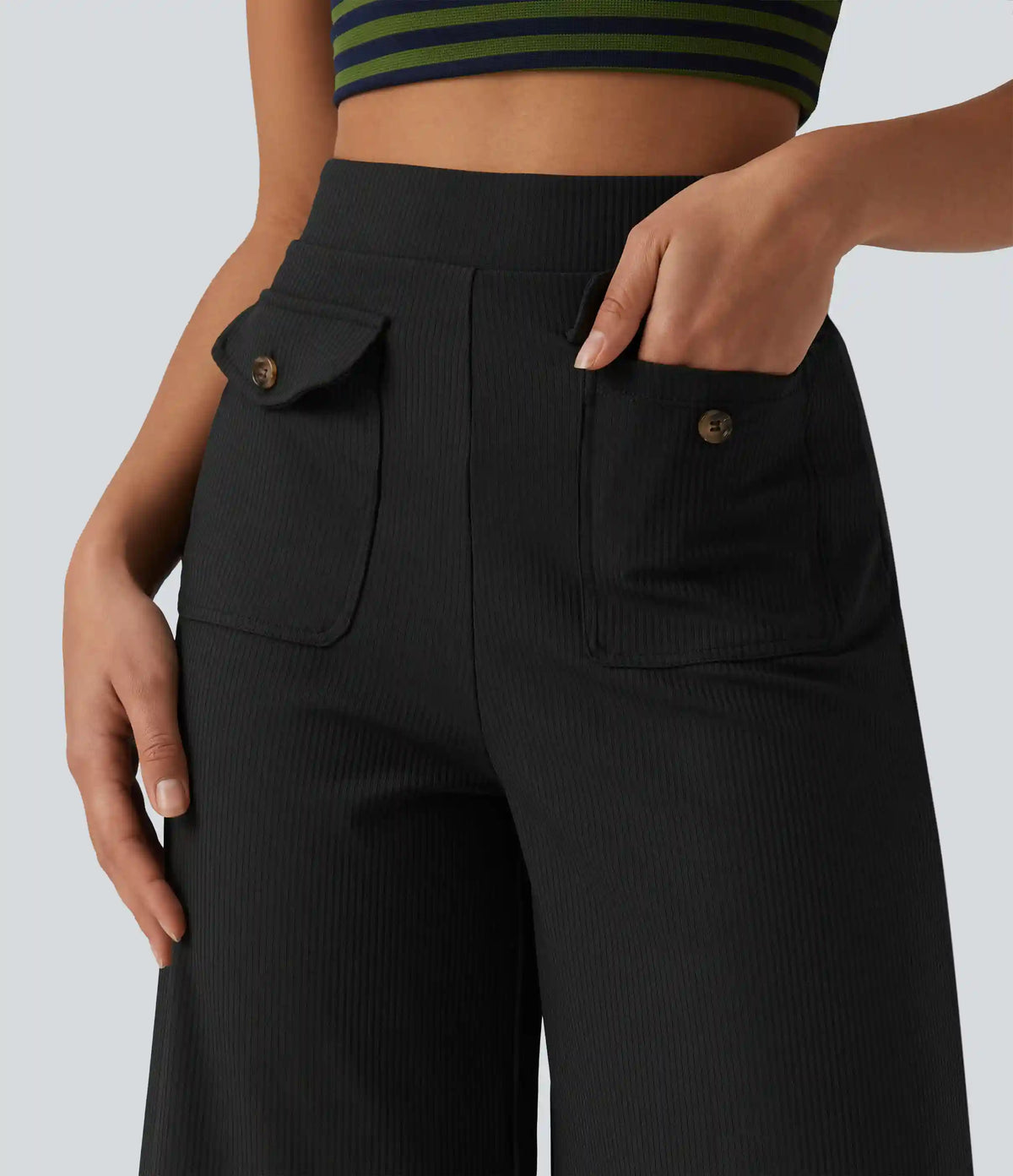 Ribbed Knit High Waisted Pedal Pushers Quick Dry Casual Wide Leg Pants with Flap Pockets-UPF50+