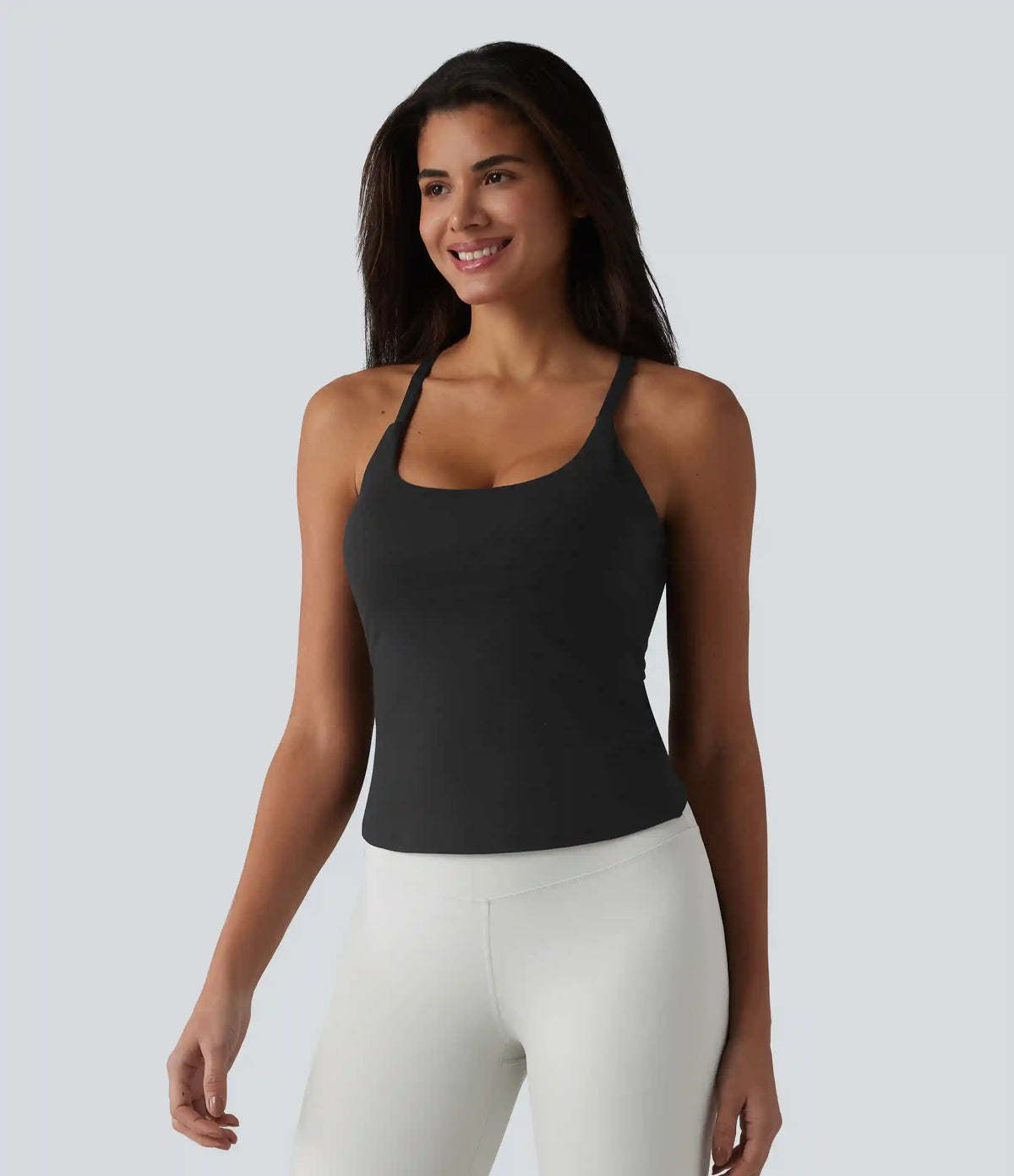 Scoop Neck Crisscross Back Crossover Hem Built-in Bra Yoga Cami Top DD-F Cups