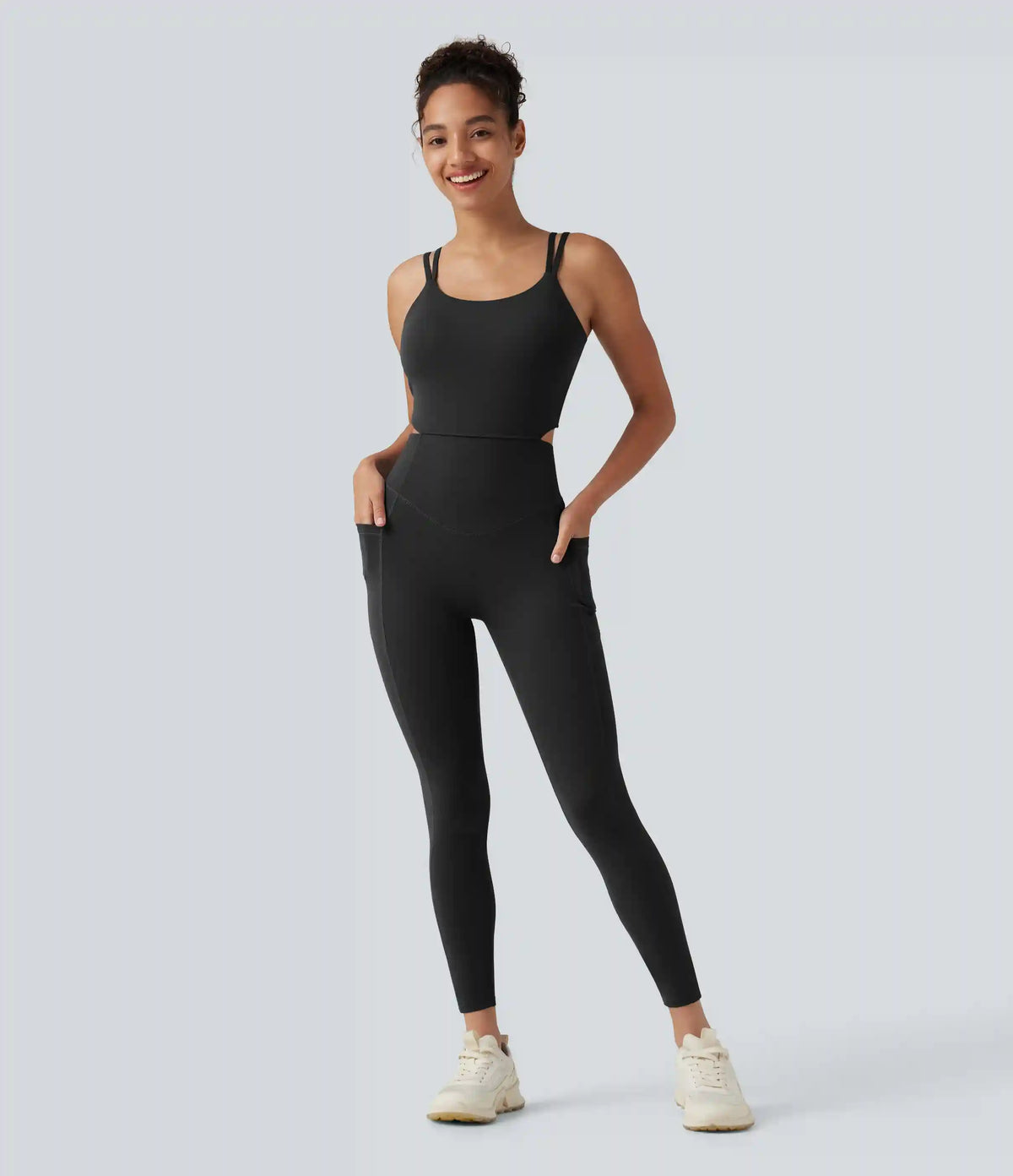 Halara UltraSculpt™ Non-Removable Pad Tummy Control Butt Lifting Ruched Yoga Jumpsuit with Pockets-Easy Peezy Edition