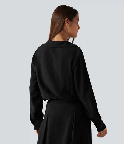V Neck Contrast Lace Long Sleeve Work Shirt with Pocket