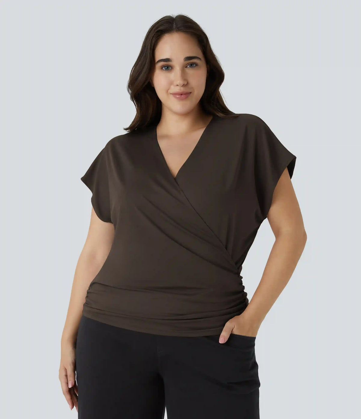 V Neck Cap Sleeve Crossover Ruched Solid Work Plus Size Blouse