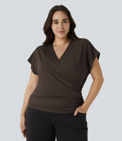 V Neck Cap Sleeve Crossover Ruched Solid Work Plus Size Blouse