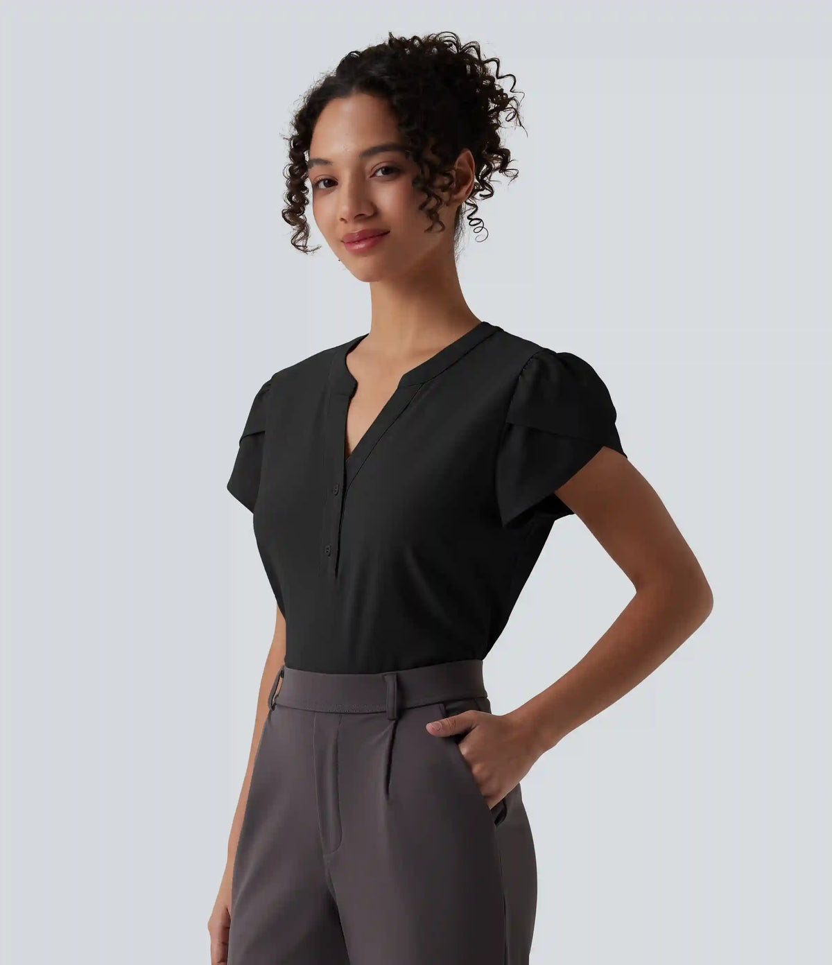 V-neck Petal Short Sleeve Work Blouse
