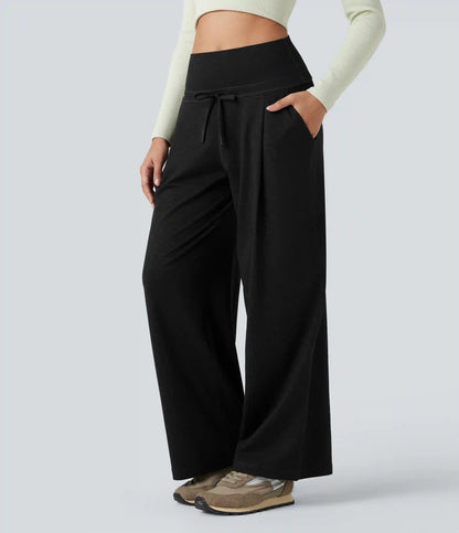 Foldover High Waisted Draswtring Quick Dry Heathered Casual Wide-leg Pants with Pockets
