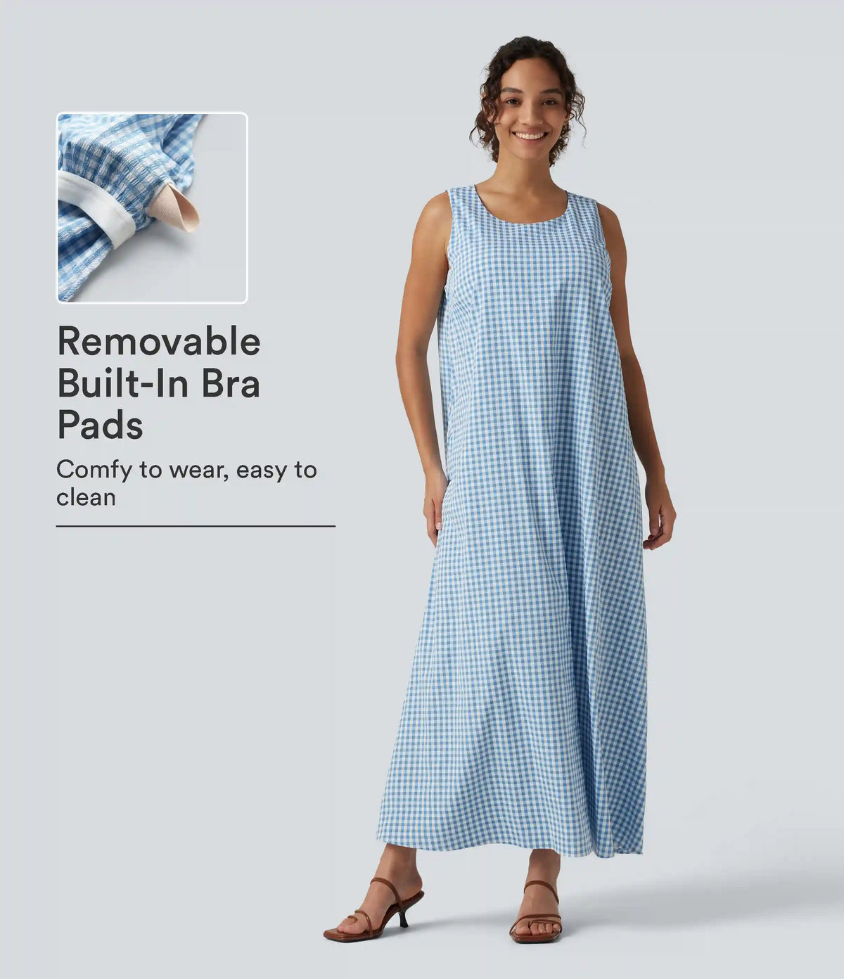 Round Neck Sleeveless Midi Crinkle Gingham Casual Tank Dress with Pockets DD-F Cups