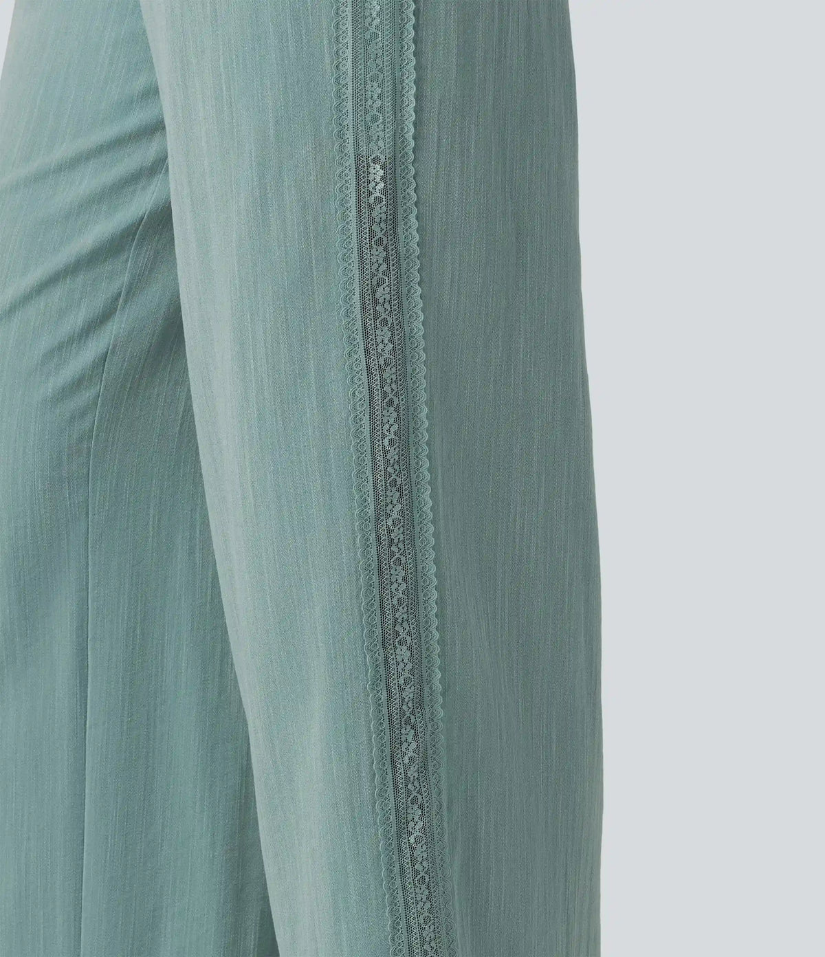 Mid Rise Drawstring Contrast Lace 2-in-1 Casual Linen-Feel Baggy Pants with Pockets