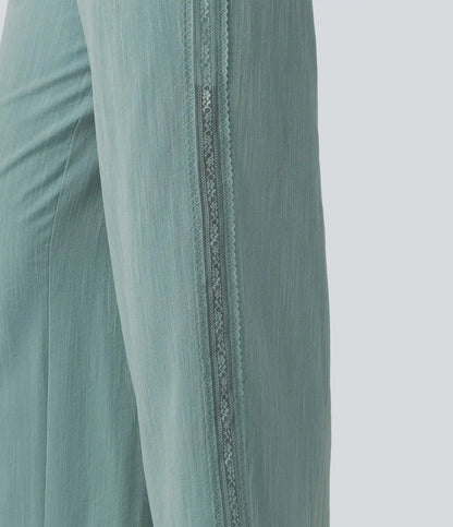 Mid Rise Drawstring Contrast Lace 2-in-1 Casual Linen-Feel Baggy Pants with Pockets
