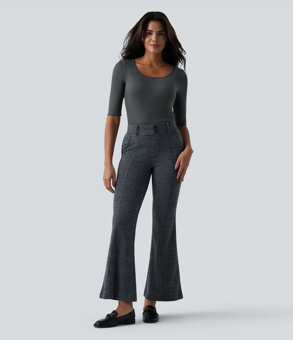 Ribbed Knit Scoop Neck Half Sleeve Work Wool-Blend Top