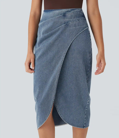 Halara Flex™ High Waisted Back Zipper Ruched Tulip Hem Midi Washed Denim Casual Skirt