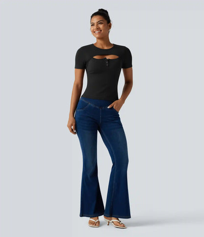 Ribbed Knit Round Neck Cut Out Short Sleeve Built-in Bra Casual T-Shirt
