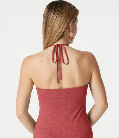 Halter Tie Back Built-in Bra Heathered Maxi Dress with Pockets
