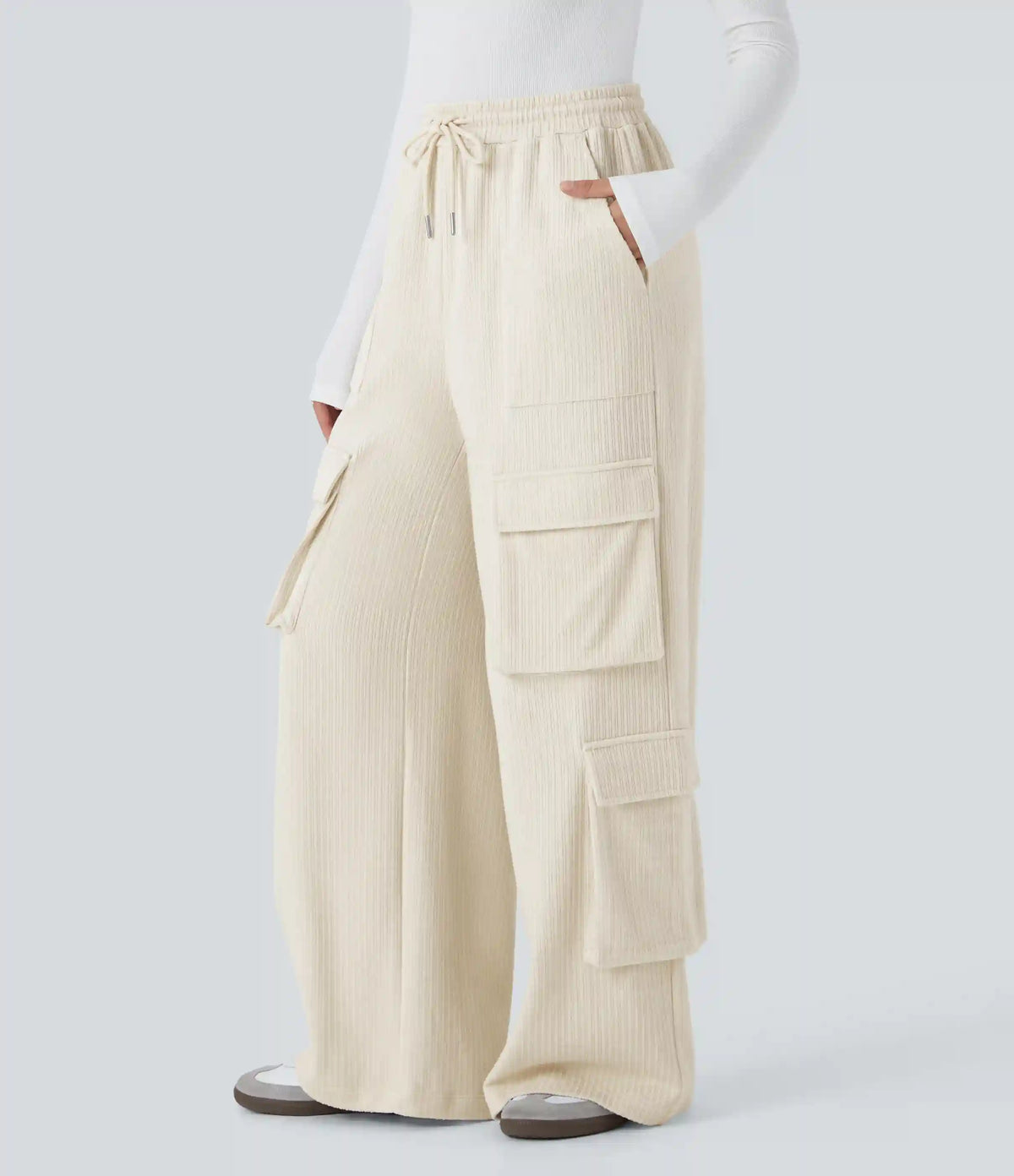 Ribbed Mid Rise Drawstring Pockets Wide Leg Cargo Casual Pants