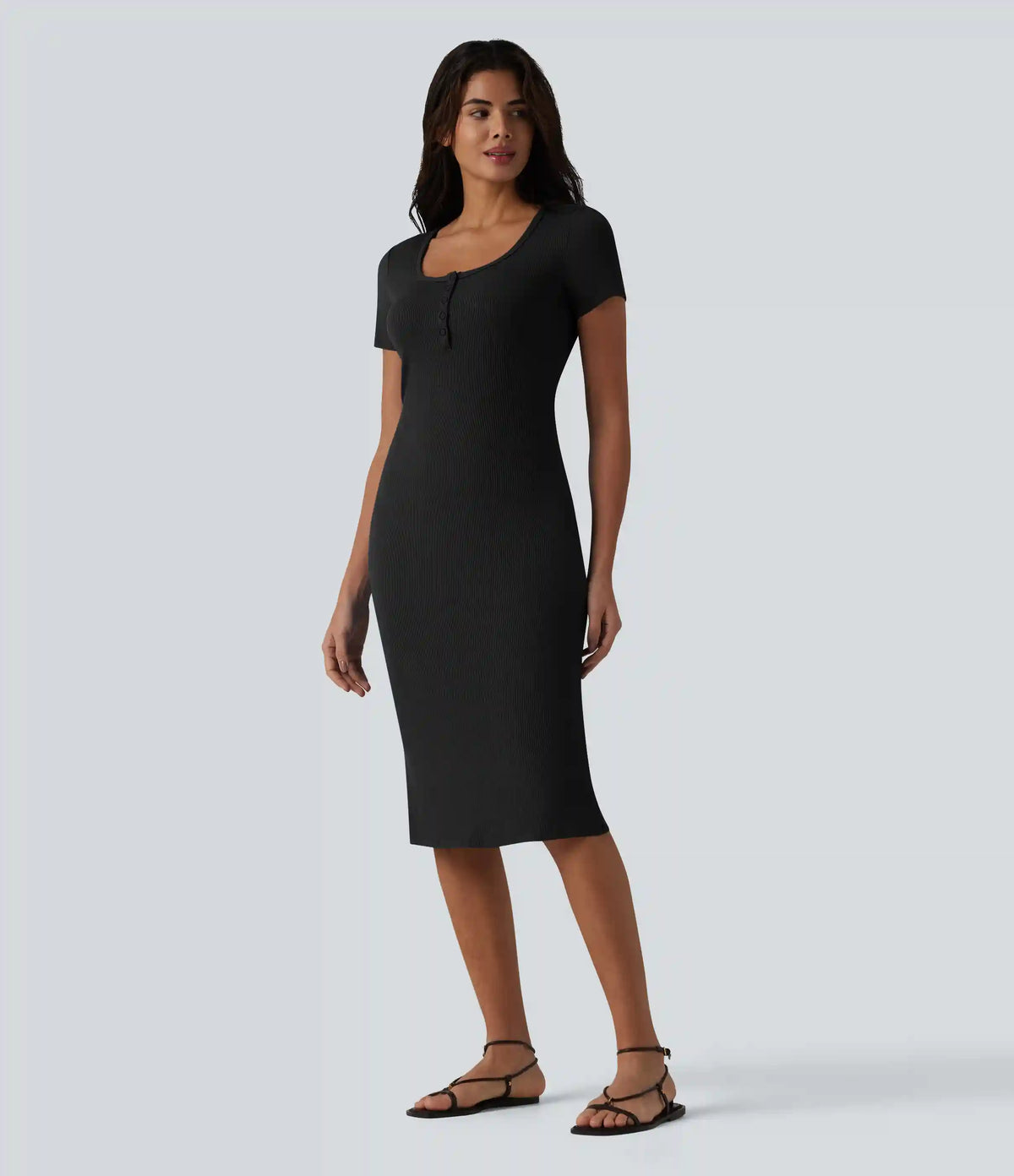 Ribbed Knit Henley Short Sleeve Midi Bodycon Mermaid Casual Dress