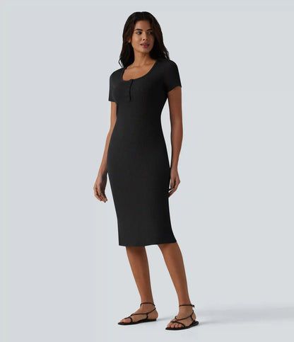 Ribbed Knit Henley Short Sleeve Midi Bodycon Mermaid Casual Dress