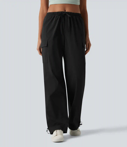 Mid Rise Drawstring Straight Leg Casual Cargo Pants with Pockets