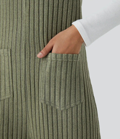 Ribbed Knit Pockets Casual Overalls