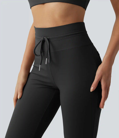 High Waisted Drawstring Plain Flare Yoga Pants with Pockets