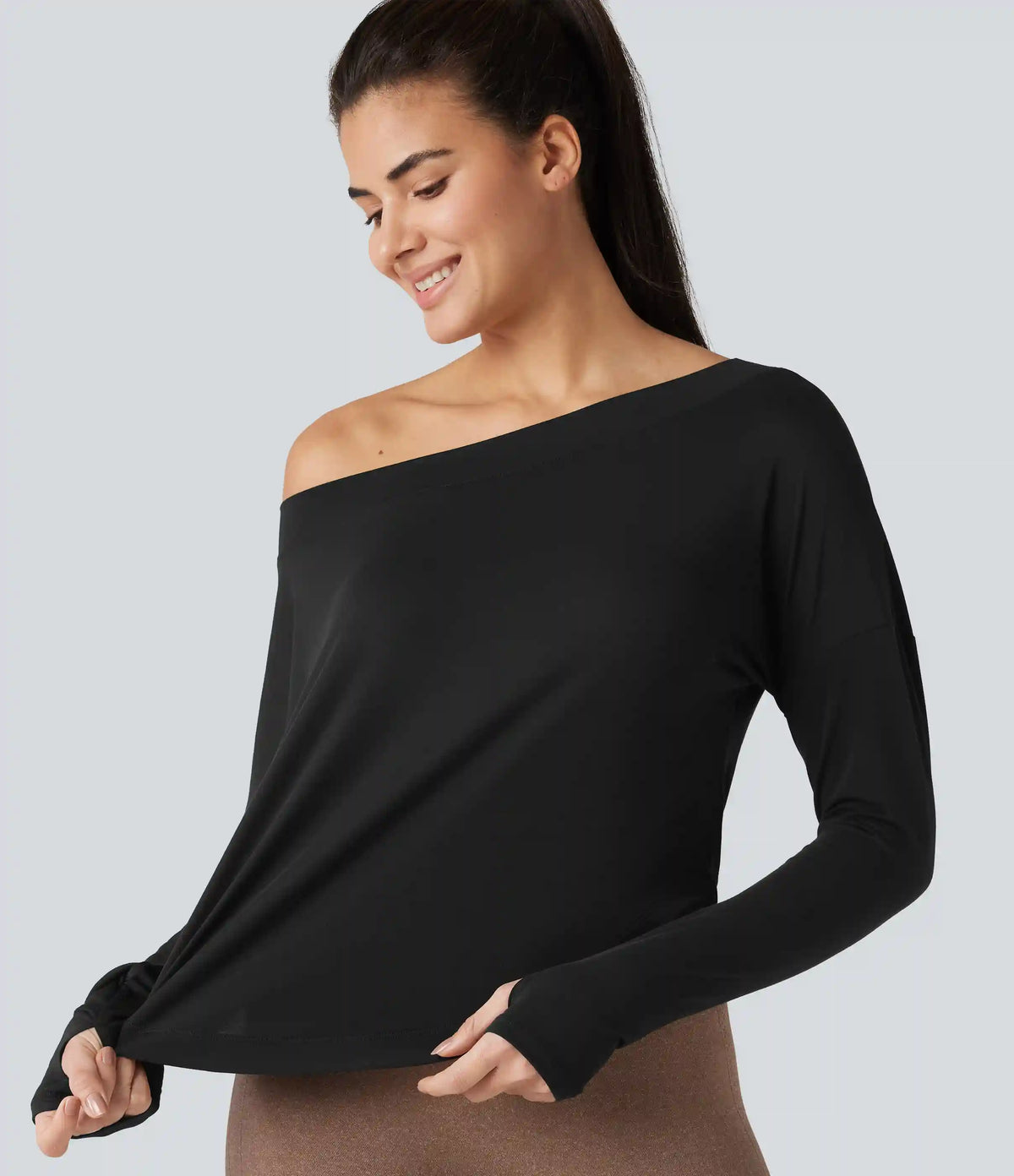 One Shoulder Long Sleeve Thumb Hole Curved Hem High Low Quick Dry Yoga Sports Top