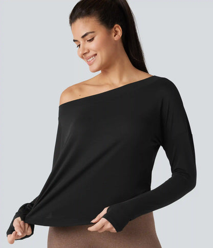 One Shoulder Long Sleeve Thumb Hole Curved Hem High Low Quick Dry Yoga Sports Top