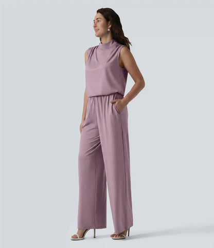 Stand Collar Sleeveless Straight Leg Bridesmaid And Wedding Guest Jumpsuit with Pockets-Easy Peezy
