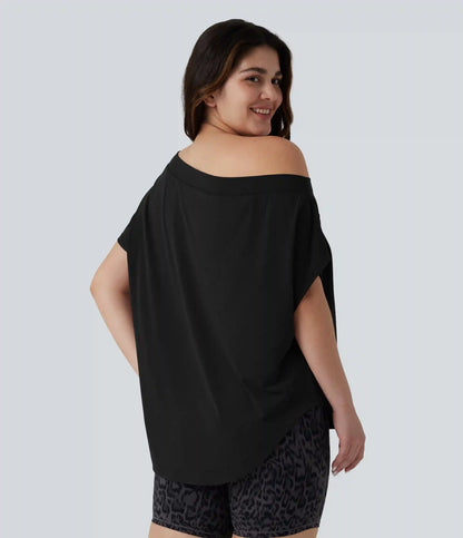 Plus Size One Shoulder Short Sleeve Curved Hem Quick Dry Yoga Sports Top with Built-in Bra