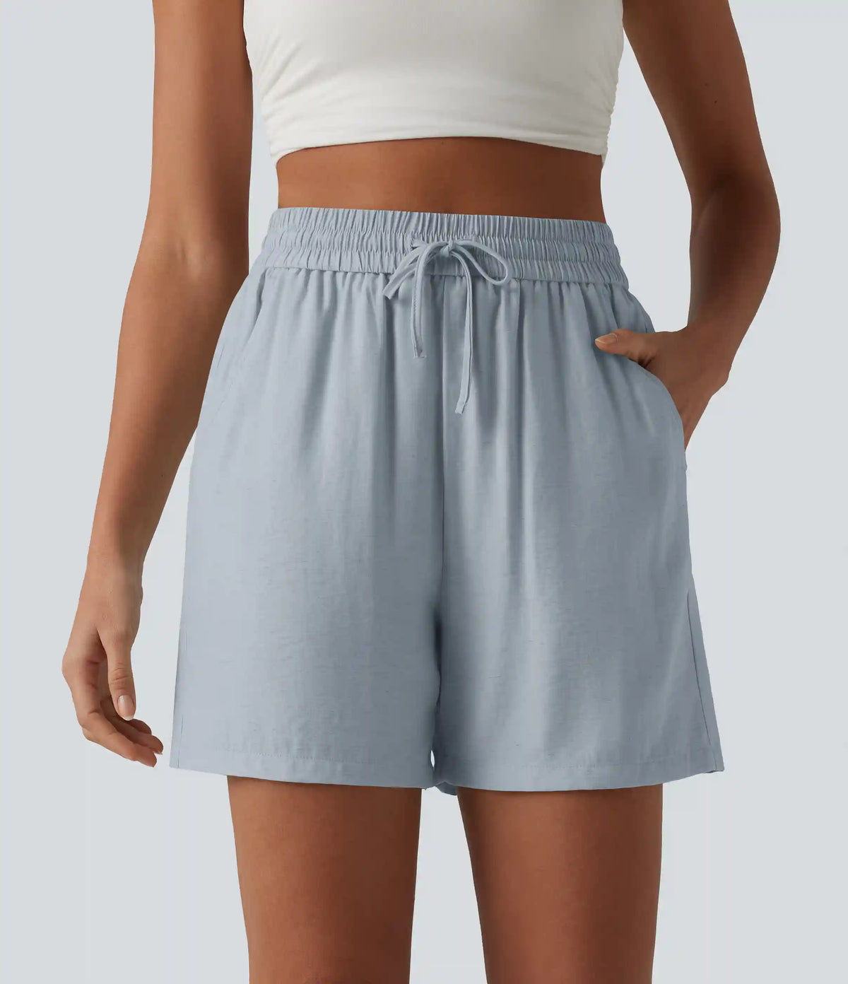 High Waisted Drawstring Casual Linen-Blend Baggy Shorts 5'' with Pockets