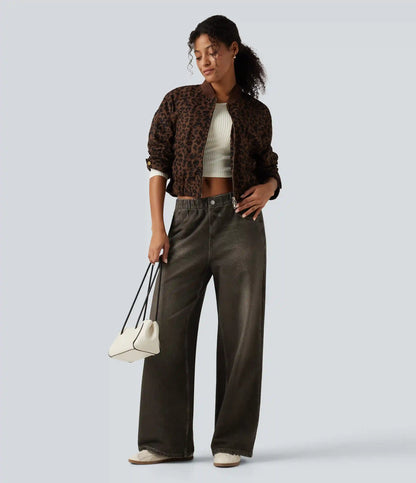 Mid Rise Wide Leg Denim Print French Terry Casual Jeans with Pockets